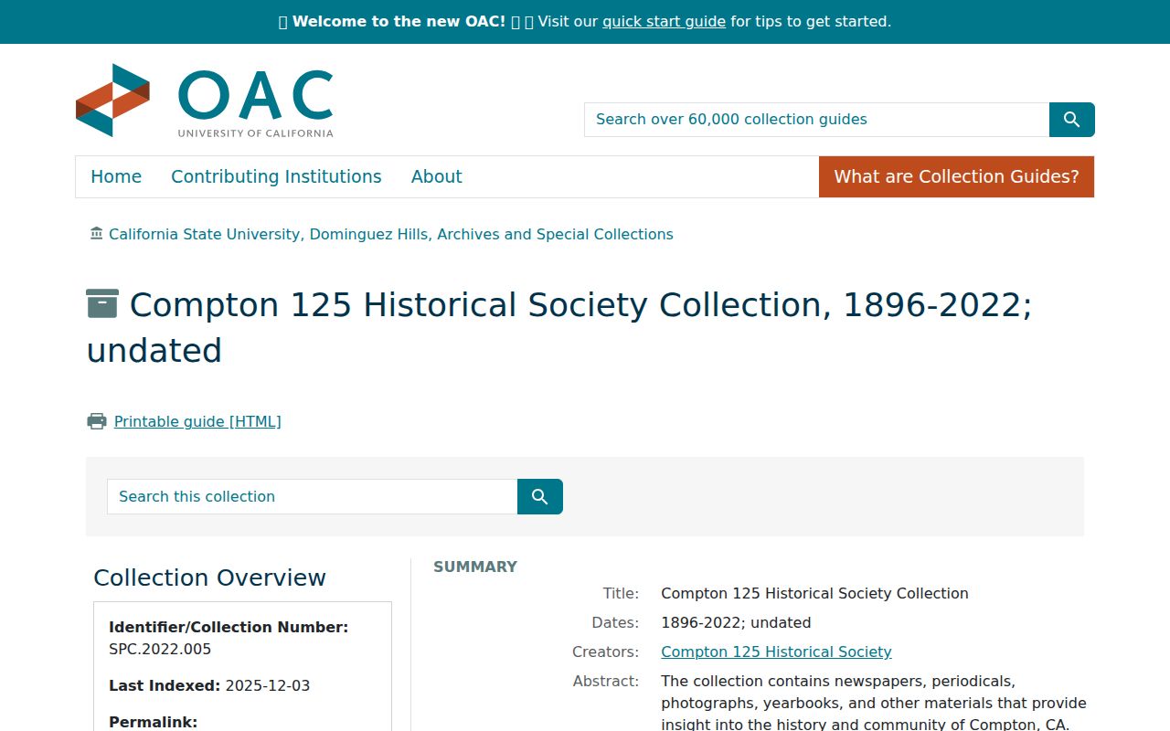 Compton people directories screenshot of the Compton 125 Historical Society Collection directory finding aid