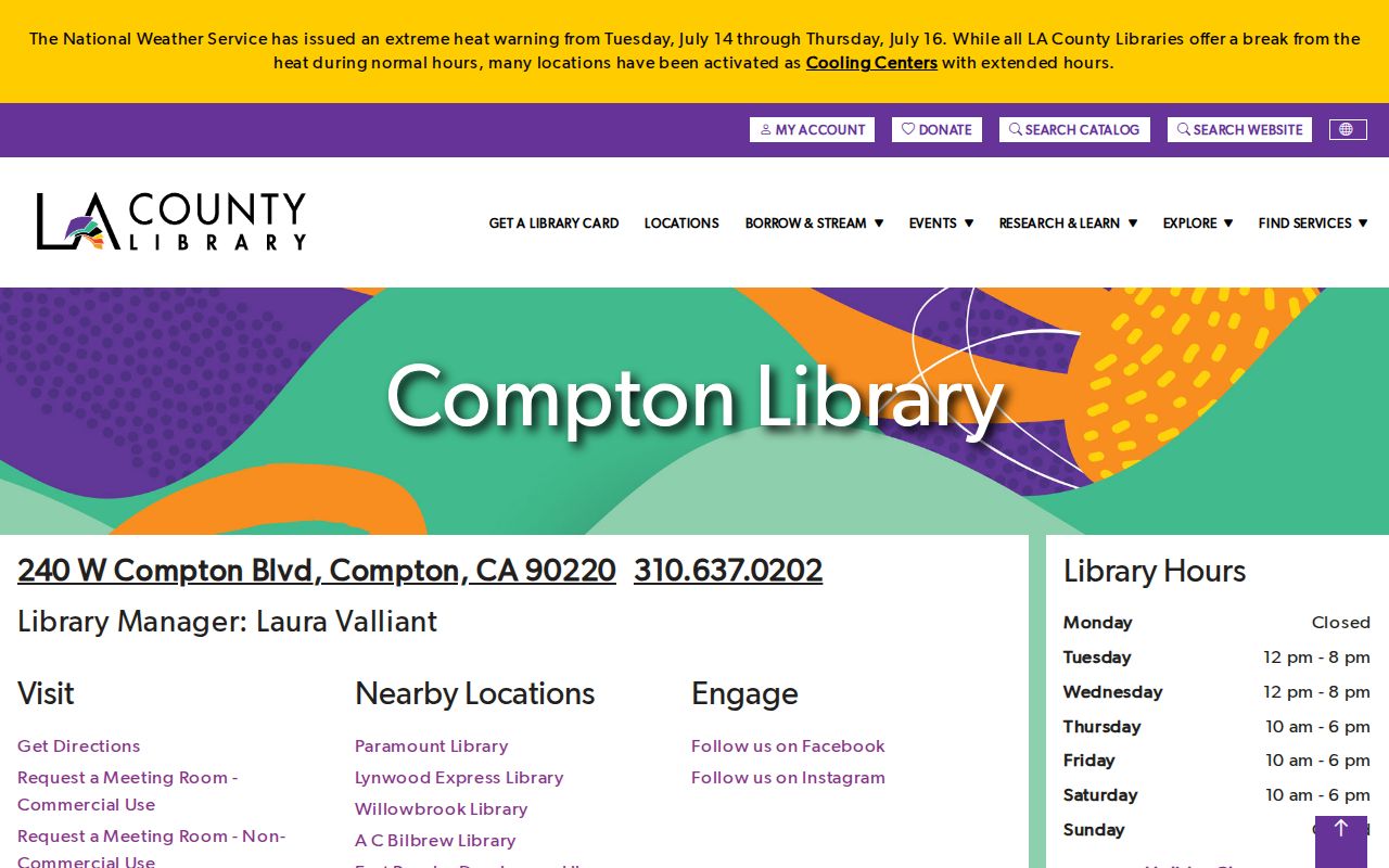 Compton people directories screenshot of LA County Library Compton branch information