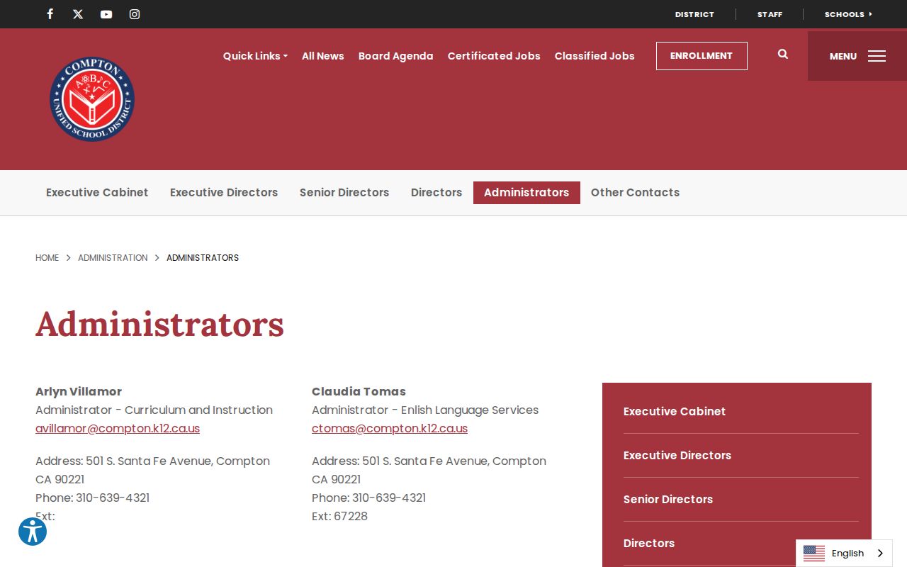 Compton people directories screenshot of the Compton Unified administrators directory