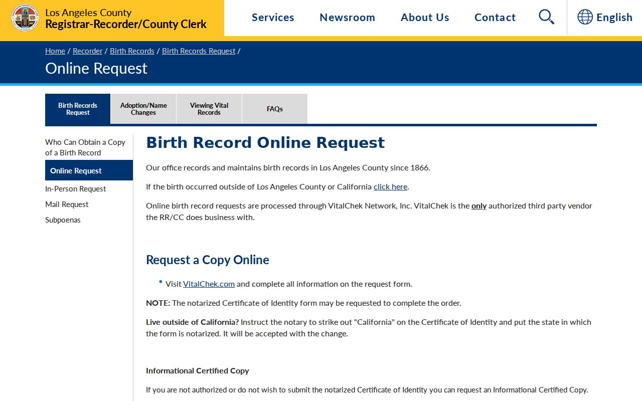 Compton public records screenshot of Los Angeles County birth record request page