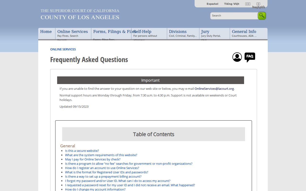 Compton public records screenshot of Los Angeles Superior Court online services fees and coverage